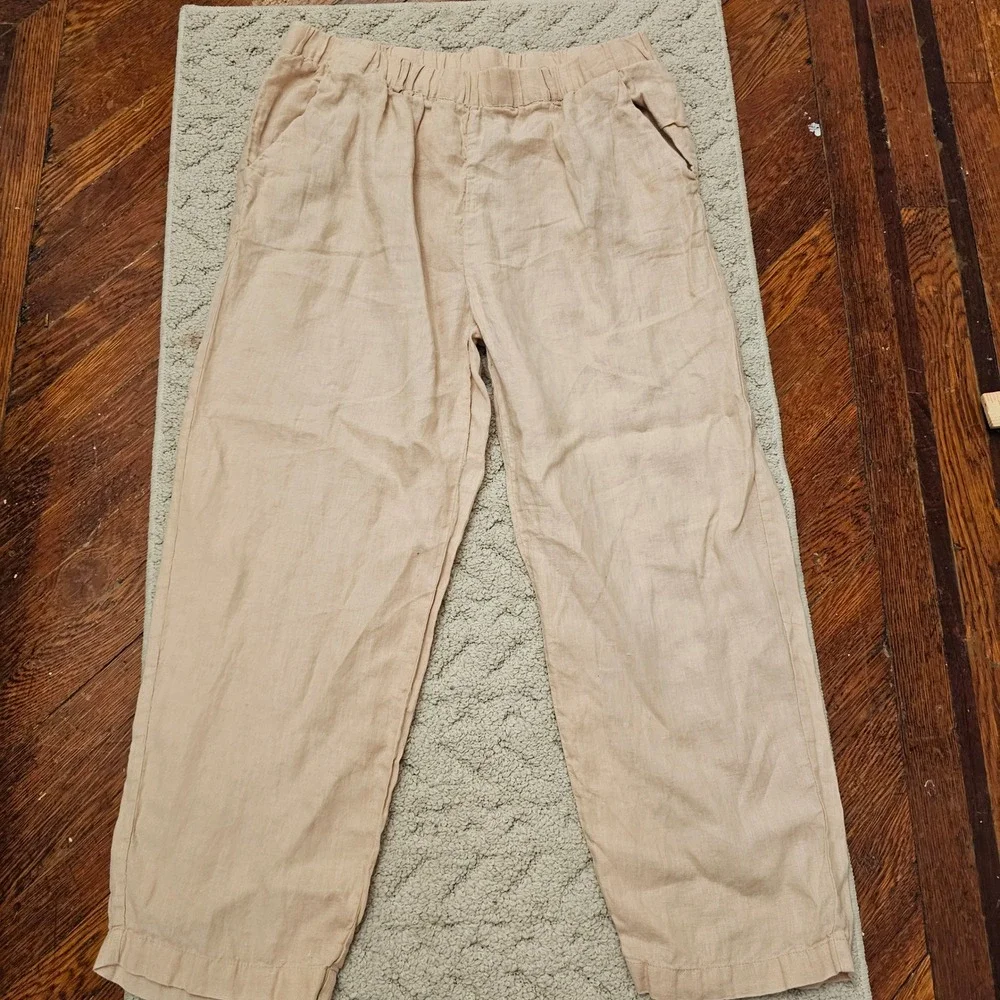 Quince Women Beige 100% European Linen Relaxed Straight Leg Pants Size L